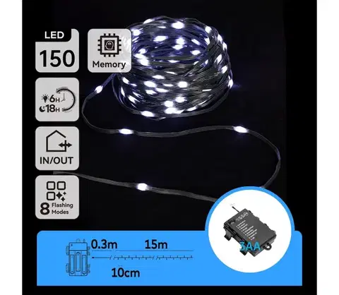 LED osvetlenie  B.V.  LED vonkajší vianočný reťazec 150xLED, 8 funkcií, 15,3m, IP44, studená  B10303K1N