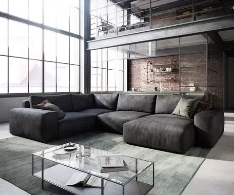 Sedacie súpravy XL DELIFE Pohovka v tvare U Lanzo 300x210 cm imitácia kože vintage antracitová ležadlo variabilné