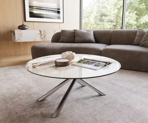 Konferenčné stolíky DELIFE Konferenčný stolík Edge okrúhly 100x100 cm keramika Minas Melange Sarity nerezová oceľ kefovaná