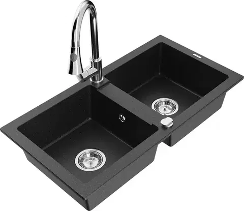 Kuchynské drezy MEXEN/S MEXEN/S - Mario granitový drez 2-bowl vrátane batérie Elia, čierna/strieborná metalík 6504-73-670101-00