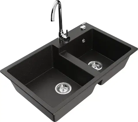 Kuchynské drezy MEXEN/S MEXEN/S - Tomas granitový drez 2-bowl vrátane batérie Telma, čierna/zlatá metalik 6516-75-670200-00
