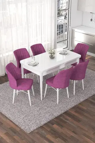 Jedálenské sety Extendable Dining Table & Chairs Set (7 Pieces) Nef - White, Purple