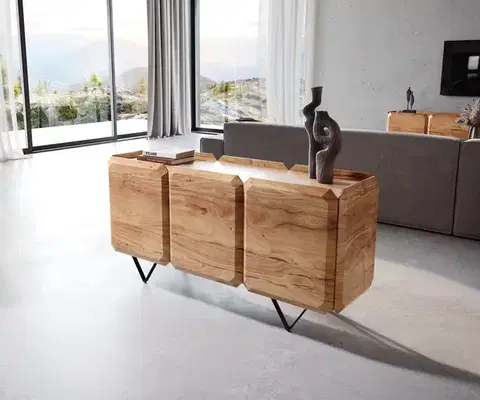 Komody DELIFE Komoda Kiano 145 cm akácia prírodná 3 dvierka podstava v tvare V čierna paraván