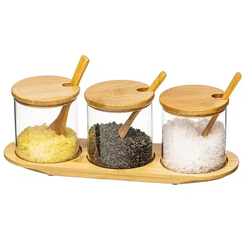Misky a misy 4home Sada sklenených dóz s podnosom a lyžičkami Bamboo, 310 ml