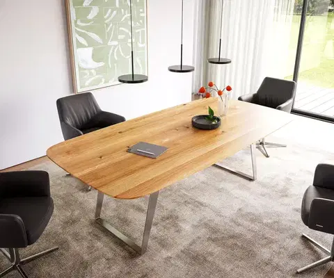 Jedálenské stoly DELIFE Jedálenský stôl Edge zaoblený tvar 240x120x2,5-3 dub prírodný nerezová oceľ skosený švajčiarska hrana