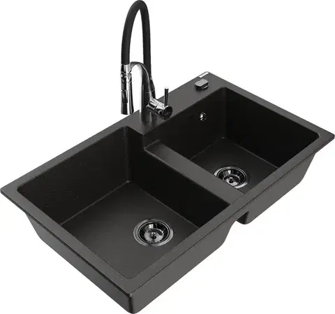 Kuchynské drezy MEXEN/S MEXEN/S - Tomas granitový drez 2-bowl vrátane batérie Aster, čierna/zlatá metalik 6516-75-73450-07-B