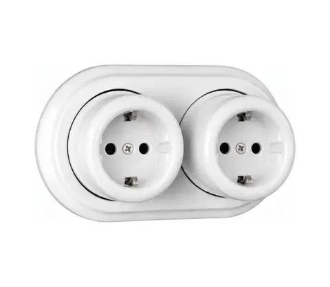 Predlžovacie káble Elhard - Dvojitá nástenná keramická retro zásuvka s rámčekom, SCHUKO 230 V, biela EF0055+2xEF0051