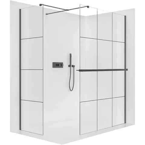 Držadlá k vani CERANO - Sprchová zástěna Walk-in Onyx T L/P - 8 mm - hranatá vzpěra + polička/držák na ručníky - černá matná, industriální sklo- 150x90x200  CER-8050BD4142