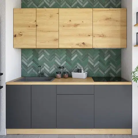 Kuchynské linky KONDELA Vinetu 200 kuchynská linka dub artisan / sivá