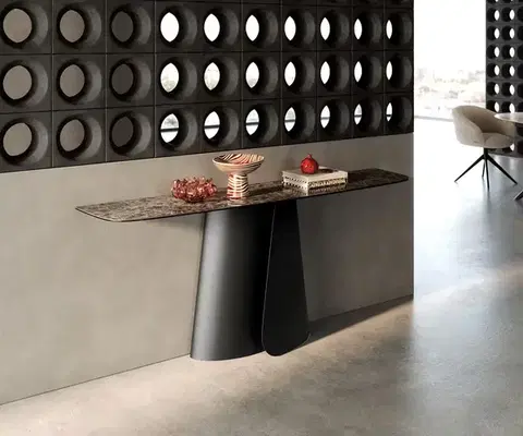 Konzolové stolíky DELIFE Konzolový stolík Edge zaoblený 180×40 cm keramika Emperador Extra Lucidato tmavohnedá Livos kov čierna
