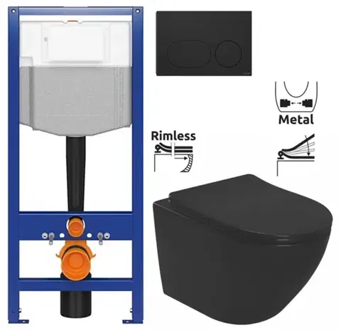 Závesné wc sety CERSANIT predstenový inštalačný systém s čiernym tlačidlom K97-0637 + WC REA CARLO MINI RIMLESS ČIERNY MAT + SEDADLO K97-526 0637 MM1
