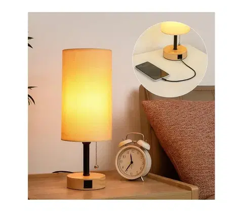 Lampy BRILAGI - Stolná lampa s USB portom TABLON 1xE27/25W/230V dub/čierna/béžová BRI601