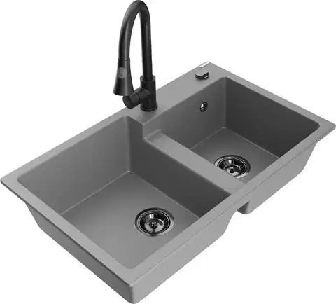 Kuchynské drezy MEXEN/S MEXEN/S - Tomas granitový drez 2-bowl vrátane batérie Elia, šedá 6516-71-670101-70-B