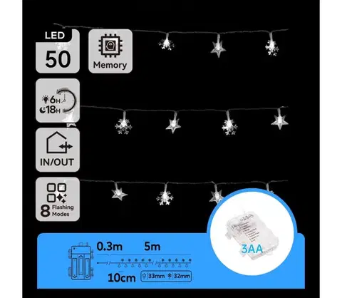 LED osvetlenie  B.V.  - LED vonkajší svetelný reťazec 50 × LED, 8 režimov, napájanie 3 × AA, dĺžka 5 m, IP44, studená biela B10303K52