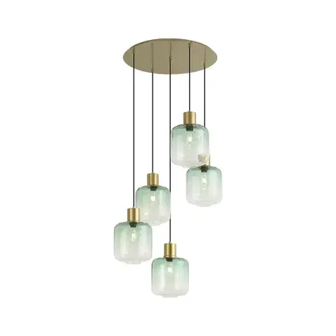 Závesné svietidlá Hotelová elegantná závesná lampa mosadzná s modrým a zeleným sklom 5-svetiel - Qara