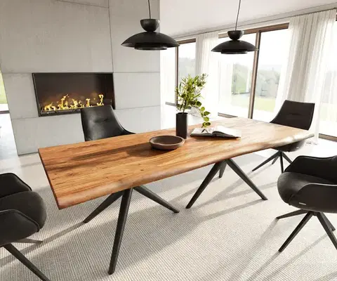 Jedálenské stoly DELIFE Jedálenský stôl Edge 240x100 akácia prírodná Estelar okrúhly kov čierna Live-Edge