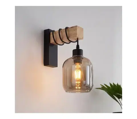 Svietidlá Brilagi - Nástenné svietidlo WOOD GLASS 1xE27/60W/230V borovica/čierna/dymovošedá EG44078+NSTK7758