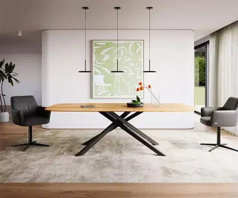 Jedálenské stoly DELIFE Jedálenský stôl Edge oválny 240x120x2,5-3 dub prírodný krížová podstava obdĺžnik čierna švajčiarska hrana