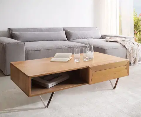 Konferenčné stolíky DELIFE Konferenčný stolík Kayu 115x60 cm akácia prírodná 2 zásuvky podstava v tvare V nerezová oceľ