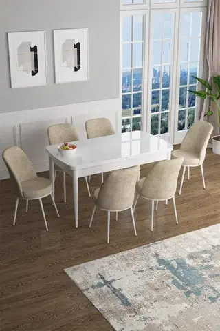 Jedálenské sety Extendable Dining Table & Chairs Set (7 Pieces) Han - White, Cream
