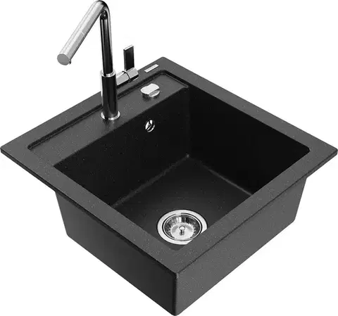 Kuchynské drezy MEXEN/S MEXEN/S - Vito granitový drez 1-miska vrátane batérie Flora, čierna/strieborná metalík 6503-73-670401-00
