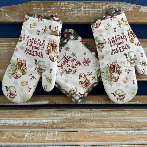 Chňapky Kinekus Chňapka 2ks a podložka 1 ks kuchynská, VIANOCE SNEHULIAKOVO biela
