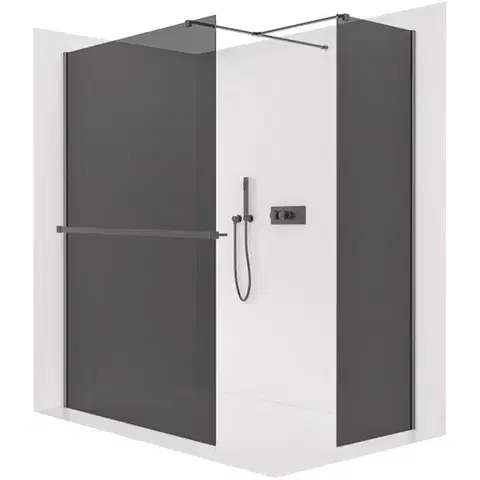 Držadlá k vani CERANO - Sprchová zástěna Walk-in Onyx T L/P - 8 mm - hranatá vzpěra + polička/držák na ručníky - černá matná, grafitové sklo - 150x90x200  CER-8050BD3834