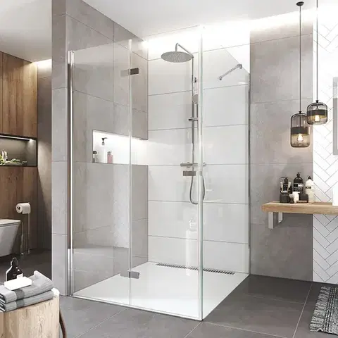 Sprchovacie kúty Mereo Sprchovací kút, Novea, štvorec, zalamovací, 120x120 cm, chróm ALU, sklo Číre, dv. ľavé a pevný diel CK14843ZL