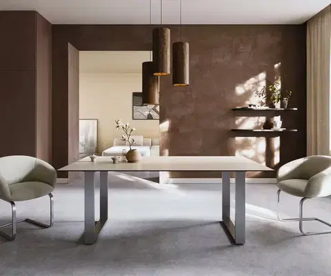 Jedálenské stoly DELIFE Jedálenský stôl Edge 200x100 keramika Laminam® Travertino Bianco krémovo biela nerezová oceľ úzky