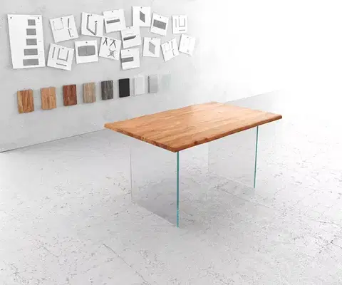 Jedálenské stoly DELIFE Jedálenský stôl Edge 140x90 akácia prírodná sklo Live-Edge