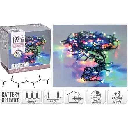 Vianočné osvetlenie Kinekus Svetlo vianočné 192 LED farebné, 14,5 m, s časovačom, s funkciami, batérie, vonkajšie/vnútorné
