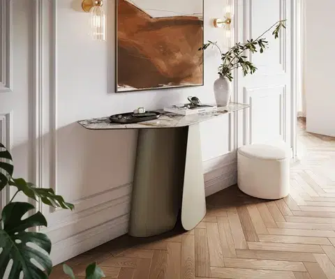 Konzolové stolíky DELIFE Konzolový stolík Edge polygonálny 140×50 cm keramika Patagonia leštená Livos kov titánová farba