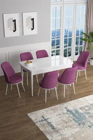 Jedálenské sety Extendable Dining Table & Chairs Set (7 Pieces) Han - White, Purple