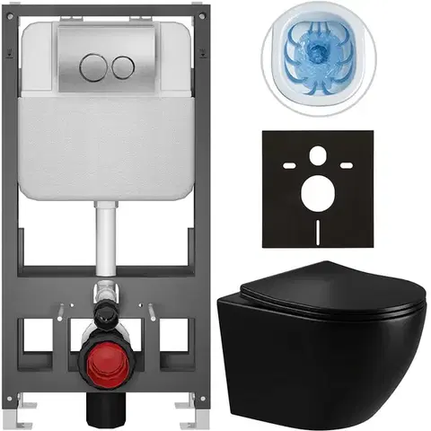 Záchody CERANO - Kompletný WC set Basic/Cesso - čierna lesklá - WC tlačidlo Dualo/Strieborná - voľne stojaca - predstenová inštalácia - 49x36 CER-8050BD86297