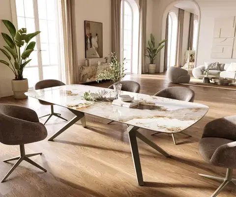 Jedálenské stoly DELIFE Jedálenský stôl Edge zaoblený 260×120 cm keramika Minas Melange bielo-béžová Zenthara hranatý kov titánová farba efekt