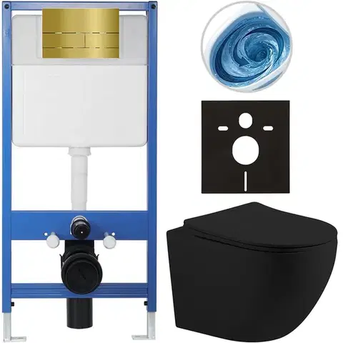Záchody CERANO - Kompletný WC set Profi/Cesso - čierna matná - WC tlačidlo Line. zlatá - predstenová inštalácia - 49x36 CER-8050BD84383