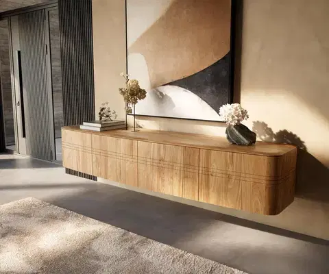 Televízne stolíky DELIFE TV stolík Nagaru 220 cm akácia Aura 4 dvierka závesný