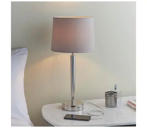 Lampy Endon 72175 - Stolná lampa SYON 1xE14/40W/230V s USB, lesklý chróm/béžová 72175