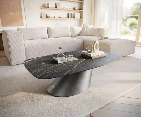 Konferenčné stolíky DELIFE Konferenčný stolík Edge zaoblený 120x70 cm keramika Laminam® Noir Desir hnedá Conis metalická strieborná