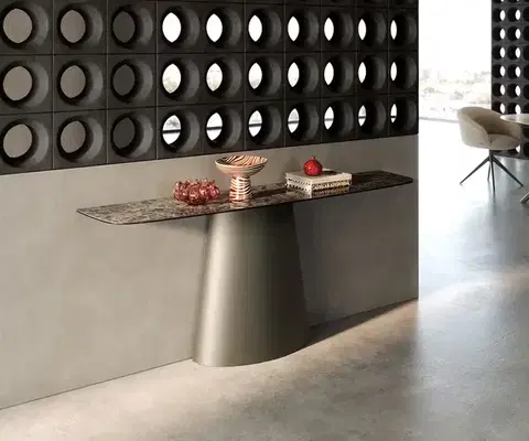Konzolové stolíky DELIFE Konzolový stolík Edge zaoblený tvar 180×40 cm keramika Emperador Extra Lucidato tmavohnedá kužeľová kovová podstava titánová farba