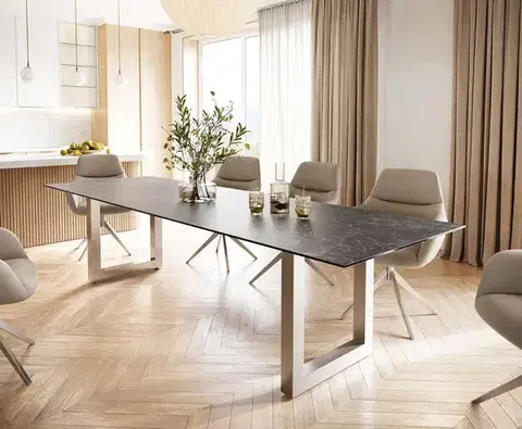 Jedálenské stoly DELIFE Jedálenský stôl Edge 300x100 keramika Laminam® Nero Greco antracitová nerezová oceľ široký