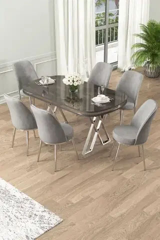 Jedálenské sety Dining Table & Chairs Set (7 Pieces) Lai - Anthracite, Chrome, Grey