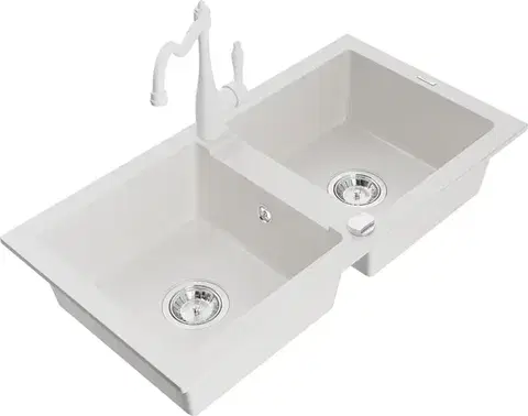 Kuchynské drezy MEXEN/S MEXEN/S - Mario granitový drez 2-bowl vrátane batérie Carla, biela 6504-20-670700-20