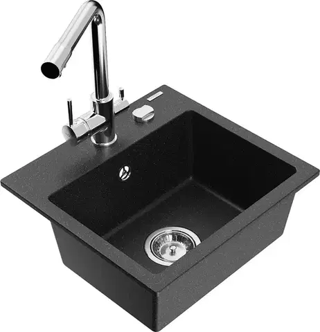 Kuchynské drezy MEXEN/S MEXEN/S - Milo granitový drez vrátane batérie Duero, čierna/strieborná metalík 6505-73-671600-00