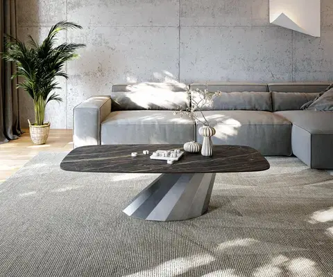 Konferenčné stolíky DELIFE Konferenčný stolík Edge zaoblený 140x80 cm keramika Laminam® Noir Desir hnedá Parabi metalická strieborná