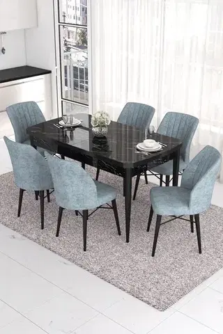 Jedálenské sety Extendable Dining Table & Chairs Set (7 Pieces) Eva - Black Marble, Grey