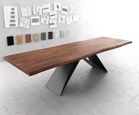 Jedálenské stoly DELIFE Jedálenský stôl Edge 300x100 XL akácia hnedá podstava v tvare V plochá oceľ čierna Live-Edge