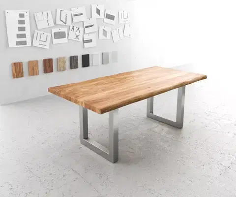 Jedálenské stoly DELIFE Jedálenský stôl Edge 200x100 XL akácia prírodná nerezová oceľ široký Live-Edge