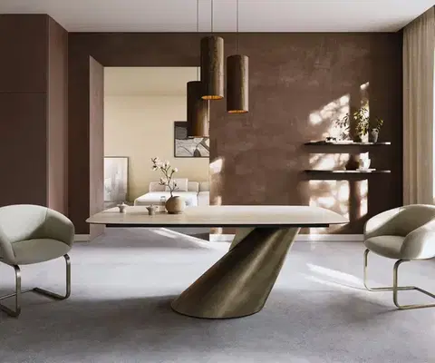 Jedálenské stoly DELIFE Jedálenský stôl Edge zaoblený tvar 200x100 keramika Laminam® Travertino Bianco krémovo bielo Cono metalická zlatá