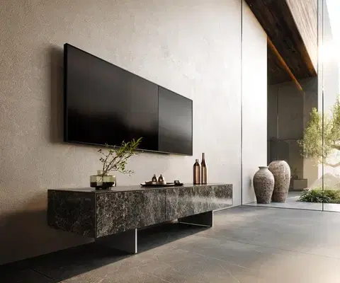 Televízne stolíky DELIFE TV stolík Cuor 150 cm keramika emperador extra leštený tmavohnedá 1 výklopné dvierka 1 zásuvka podstava závesná nerezová oceľ